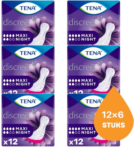 Zes Tena Discreet Maxi Night verpakkingen, elk met een maandverband en bloemendecoratie.