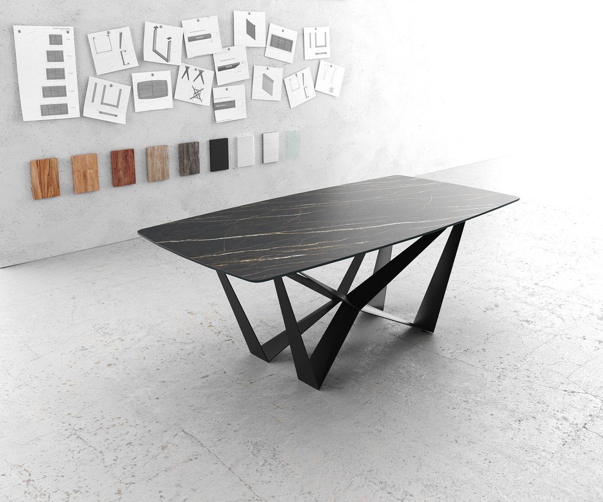 DELIFE Eettafel Edge bootsvorm 200x100cm Laminam® keramiek bruin middenvoet vlak staal zwart