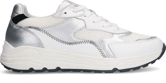 Manfield - Dames - Witte leren sneakers met zilverkleurige details - Maat 36