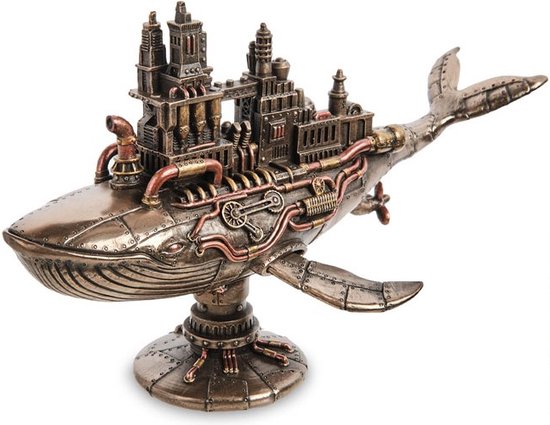 Steampunk walvis met fabrieksopbouw, bronzen afwerking.