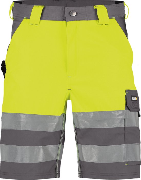 Short de travail jaune fluo et gris foncé avec bandes réfléchissantes horizontales.
