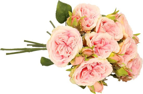 Emerald Kunstbloemen boeket roos Anne - 8x - roze - 37 cm - decoratie bloemen