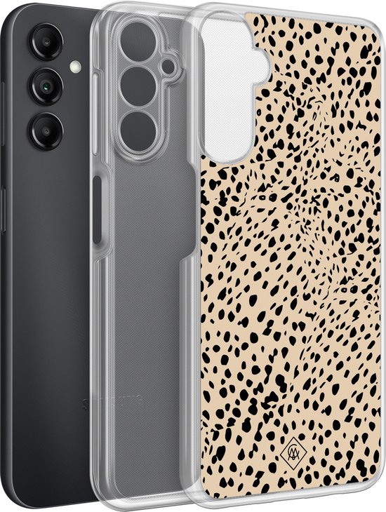 Casimoda® hoesje - Geschikt voor Samsung Galaxy A14 5G - Stippen bruin abstract - 2-in-1 case - Schokbestendig - Gestipt - Verhoogde randen - Bruin/beige, Transparant