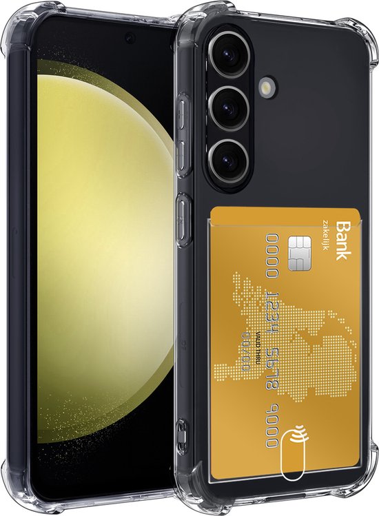Coque de téléphone transparente avec coins renforcés et un porte-cartes doré à l'arrière.