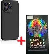 Solid hoesje Soft Touch Liquid Silicone + 1X Screenprotector Tempered Glass [Camera all-round bescherming] - Geschikt voor: iPhone 15 Pro Max - Zwart