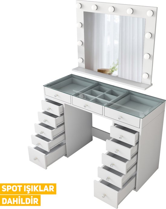 Make-uptafel, Make-upijdelheid Met Bluetooth-luidspreker En Draadloos Laadstation, Kaptafelset Met Led-verlichte Spiegel En Zitting, Kaptafel Met 5/8 Lades, Massief Hout, Voor Haar,Grijs-6 Lades,L