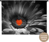 Wandkleed Rood zwart wit - Zwart-wit foto van een goudsbloem met een rood hartje Wandkleed katoen 120x90 cm - Wandtapijt met foto
