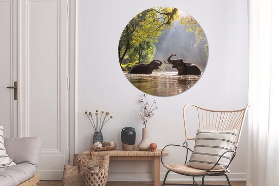 WallCircle - Peinture - Eléphants Jouant Dibond En - Multicolore - 140 X 140 Cm
