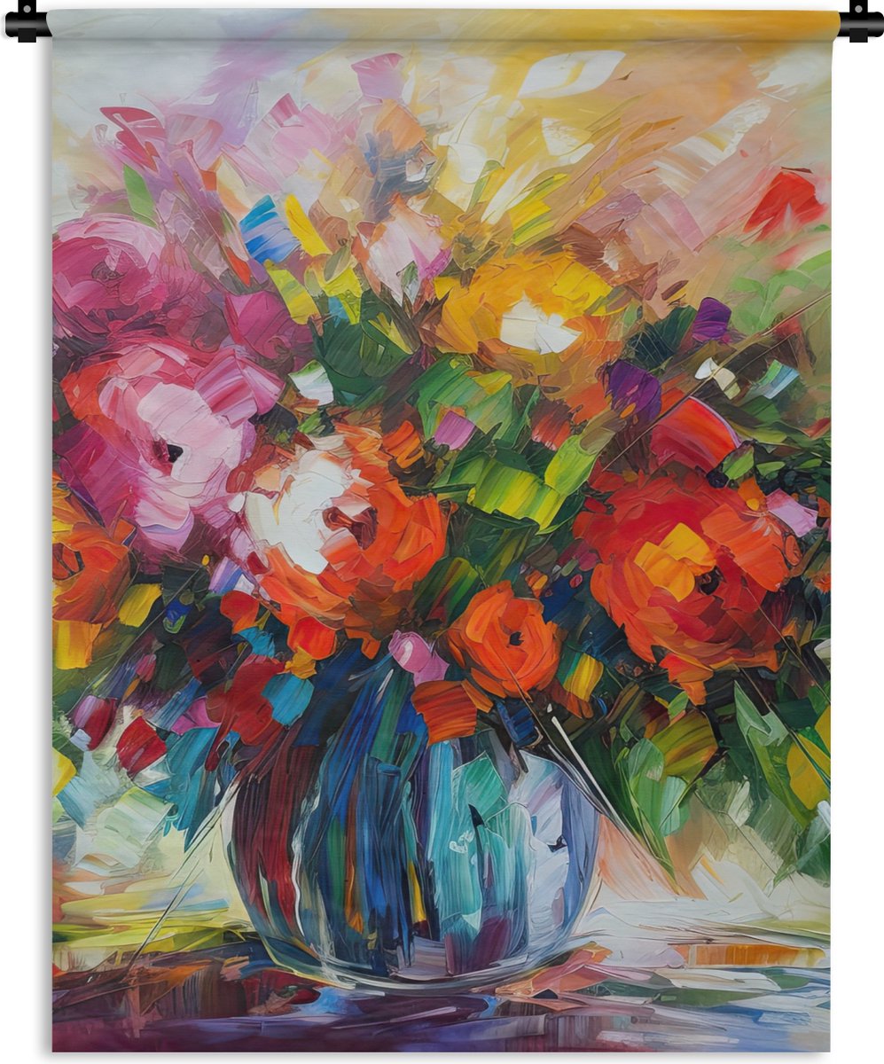 Wandkleed - Wanddoek - Bloemen - Kleurrijk - Bloempot - Olieverf - 150x200 cm - Wandtapijt