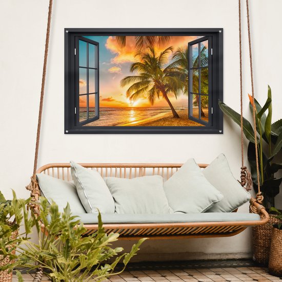 Tuinposters - Tuindecoratie - Doorkijk - Strand - Palmbomen - Zonsondergang - 120x80 cm - Tuin decoratie - Schutting decoratie - Tuinposter - Schuttingdoek - Buitenposter - Tuinversiering - Balkon decoratie - Tuinschilderij