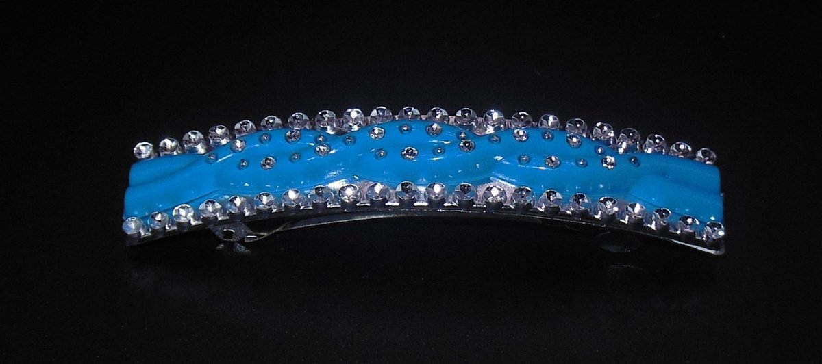Patentspeld smal recht blauw met strass punten