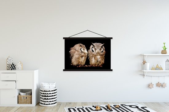 Support mural pour affiche inclus. Affiche 150x100 cm - Affiche scolaire - Hibou - Vogel - Zwart - Affiche textile - Lattes noires