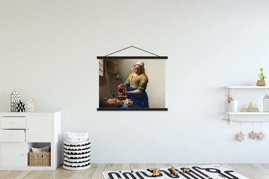Porte-affiche incl. Affiche 120x90 cm - Affiche scolaire - La laitière - Peinture de Johannes Vermeer - Affiche textile - Lattes noires