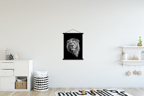Lion d'Asie sur fond noir en noir et blanc affiche textielposter lattes noires 90x120 cm - Tirage photo sur plaque d'école (décoration murale salon / chambre)