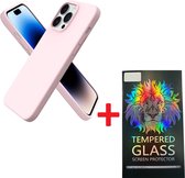 Solid hoesje Soft Touch Liquid Silicone + 1X Screenprotector Tempered Glass - Geschikt voor: iPhone 14 Pro Max - Lichtroze