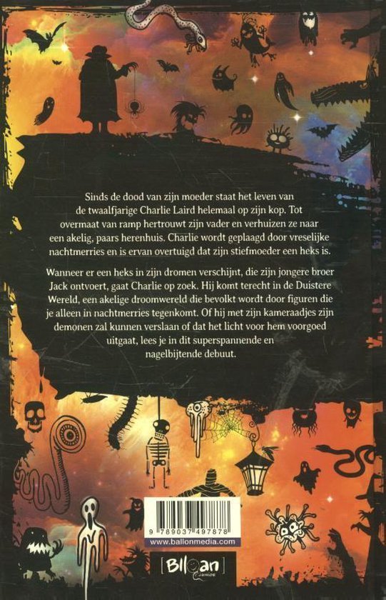 De achterkant van een boek met een duistere, fantasierijke illustratie van spoken, vleermuizen en monsters.