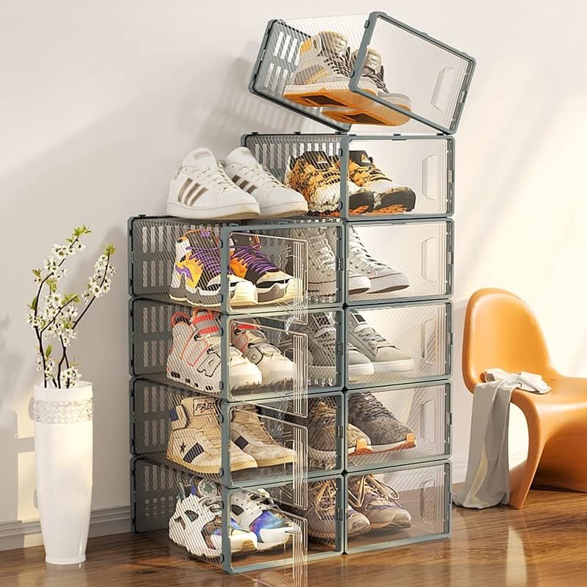 ACXIN Schoenendozen, stapelbare boxenset, opbergdoos met transparant kijkvenster, karton van kraftpapier, 34,5 x 23,5 x 13,5 cm, 10 stuks, antraciet