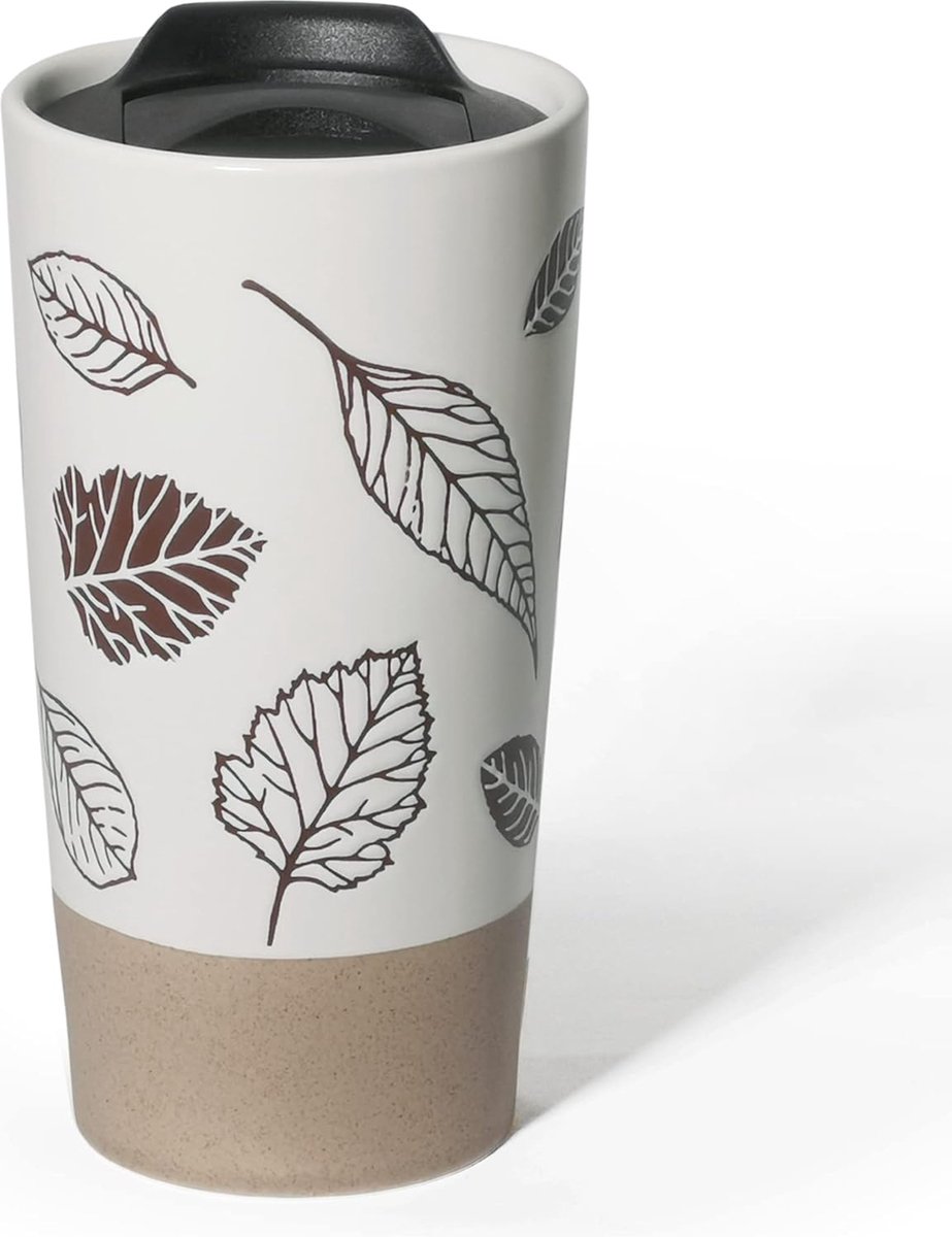Tumbler Reiskoffiekopjes, koffiekopjes met deksel, keramiek, draagbaar, 350 ml, koffiebeker met deksel, theekop, beker voor koffie, reisbeker, geïsoleerde koffiemok, dubbelwandig blad, wit,