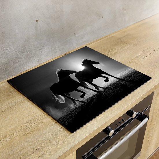 Chefcare Inductie Beschermer Silhouet van Twee Paarden - Zwart Wit - 80,2x52,2 cm - Afdekplaat Inductie - Kookplaat Beschermer - Inductie Mat