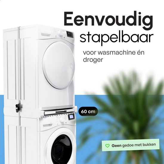 Witte wasmachine en droger gestapeld op een 60 cm brede stapelkit. Tekst: 'Eenvoudig stapelbaar voor wasmachine én droger.'