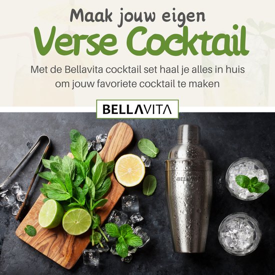 BELLAVITA ® Cocktail Set - 16-delig - 750ml - Cocktail shaker - Cocktailset - Cocktailshaker - Bartender set - Maatbeker - RVS - Bamboe - Drank - Drankjes maken - Feest