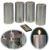 Set 4x LED Wax Kaars Zilver 15 x 7,5 cm Timer + Afstandsbediening Stompkaars