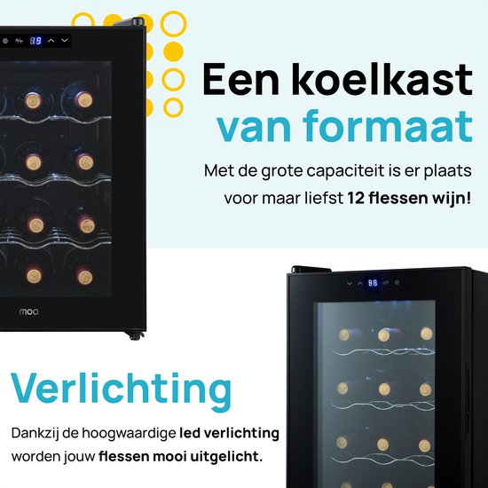 Zwarte MOA wijnkoelkast met LED verlichting en ruimte voor 12 flessen.