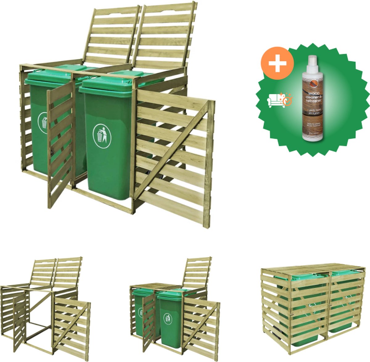VidaXL Containerberging dubbel 240 L geïmpregneerd hout Afvalbakberging Inclusief Houtreiniger en verfrisser