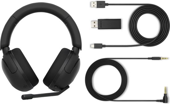 Zwarte Sony INZONE H5 gaming headset en meegeleverde accessoires: USB-transceiver, USB-C naar USB-A kabel, audiokabel en 3.5mm kabel.