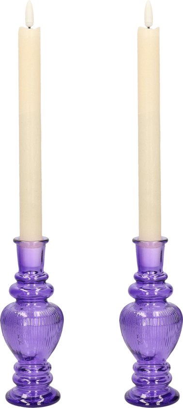 Kaarsen kandelaar Venice - 2x - gekleurd glas - ribbel paars - D5,7 x H15 cm