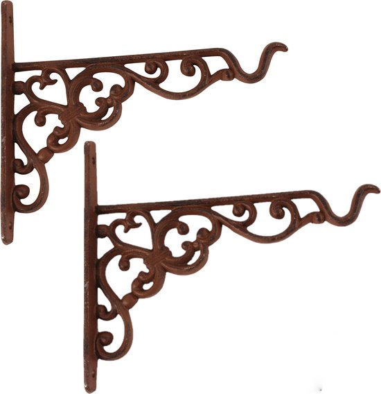 3x stuks muurhaken met sierkrullen bruin - gietijzer - 20 x 18 cm - hanging basket haak - Esschert Design