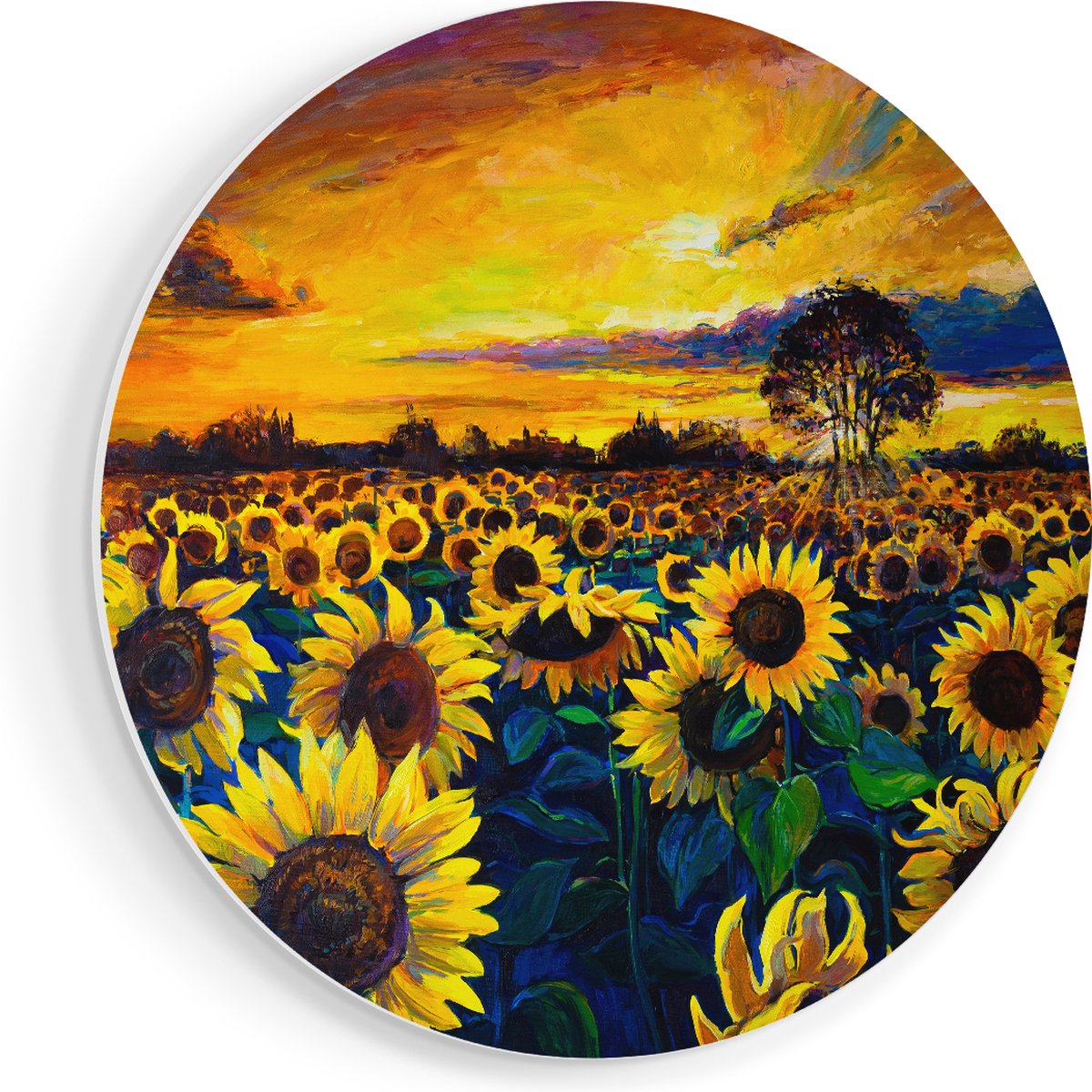 Artaza Forex Muurcirkel Getekende Zonnebloemen Veld Met Olieverf - 90x90 cm - Groot - Wandcirkel - Rond Schilderij - Muurdecoratie Cirkel