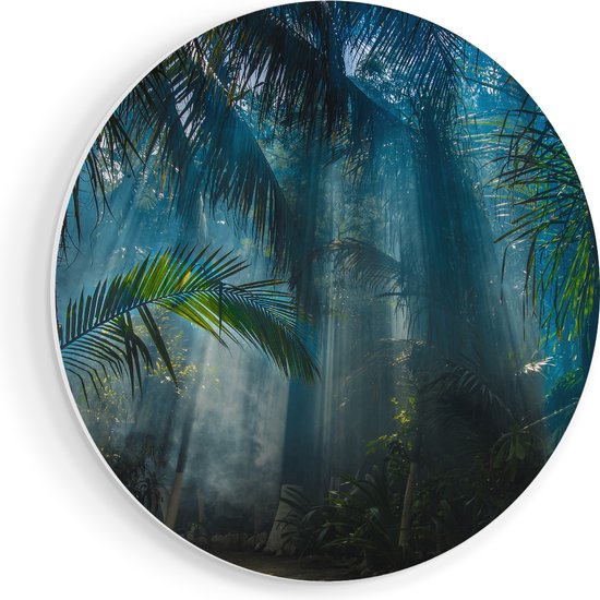 Artaza Forex Muurcirkel Dichtbegroeide Jungle Met Zonnestralen - 60x60 cm - Wandbord - Wandcirkel - Rond Schilderij - Wanddecoratie Cirkel