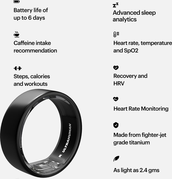 Ultrahuman Ring Air - Smart Ring - Slaap & Fitnesstracker - Unisex voor Mannen & Vrouwen - Geen Appkosten (Standaardfuncties) - Tot 6 Dagen Batterijduur - Mat Grijs - Maat 9