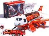 Playos® - Transporter Vliegtuig - Bouwplaats - Rood - Brandweer - XL - 1:64 - inclusief 3 Voertuigen en Verkeersborden - met Licht en Geluid - Vliegtuig - Vliegtuig Speelgoed - Rollenspel Speelgoed