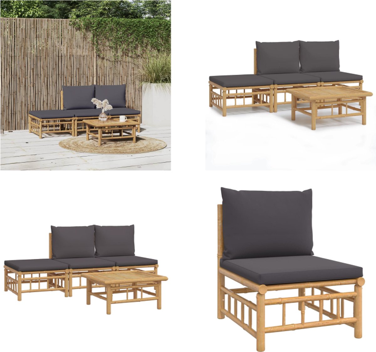 vidaXL 4-delige - Loungeset - met - kussens - bamboe - donkergrijs