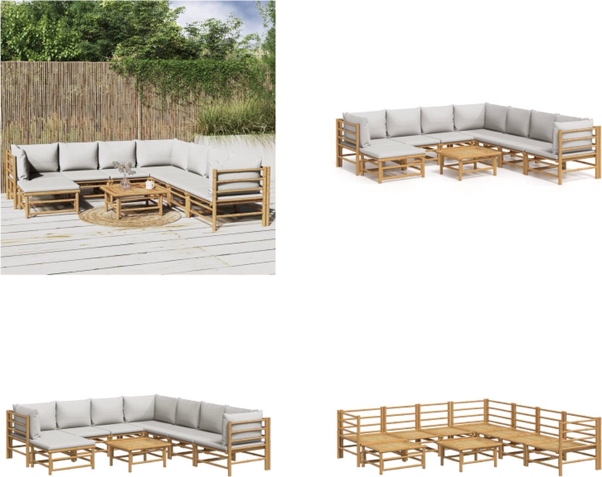 vidaXL 9-delige - Loungeset - met - kussens - bamboe - lichtgrijs