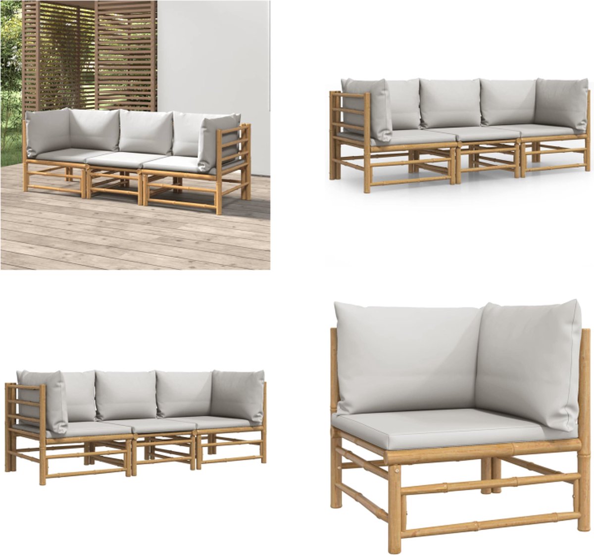 vidaXL 3-delige - Loungeset - met - kussens - bamboe - lichtgrijs