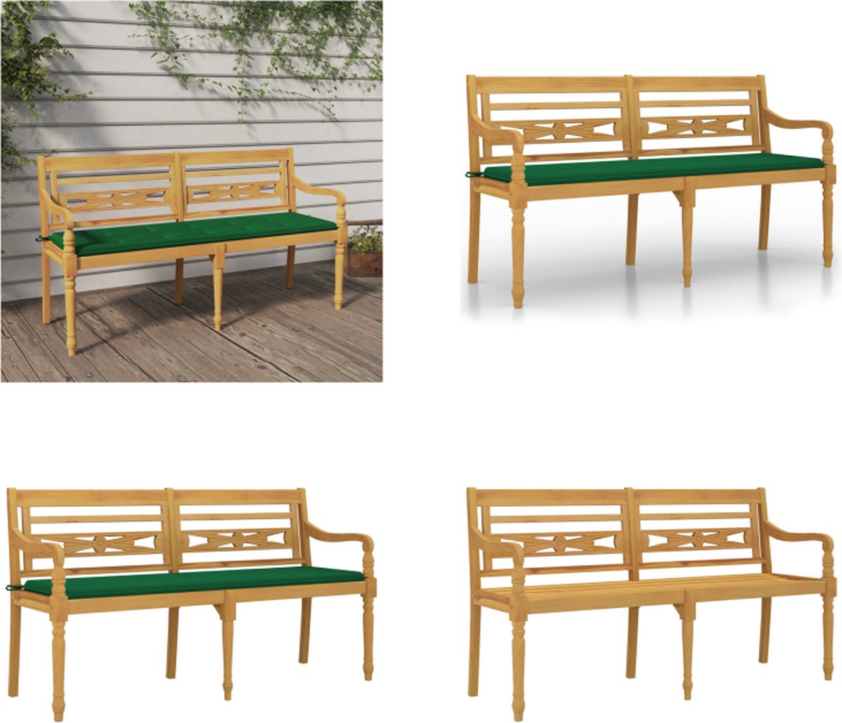 VidaXL Bankje Batavia met groen kussen 150 cm massief teakhout Bankje Bankjes Tuinbankje Bankje
