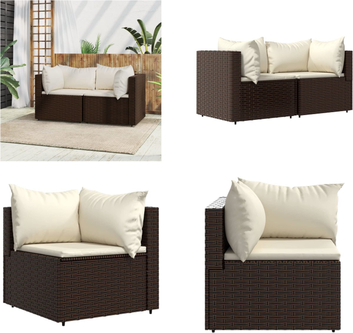 vidaXL - Tuinhoekbanken - met - kussens - 2 - st - poly - rattan - bruin