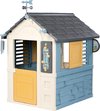 Speelhuis met een crème, blauwe en oranje accenten. Met weerstation, windmolen en regenmeter.
