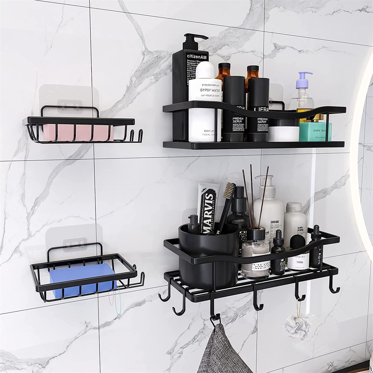 Merdoo RVS Doucherek - Shower Rack- Badkamerrekken - Badkamerrek Zonder Boren - Zelfklevend Doucherek - Doucherek Zonder Boren - Badkamer Accessoires - 4 Stuks