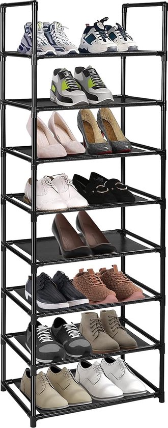 Schoenenrek met 8 niveaus voor 16-20 paar schoenenrekken, smal en hoog schoenenrek, zwart