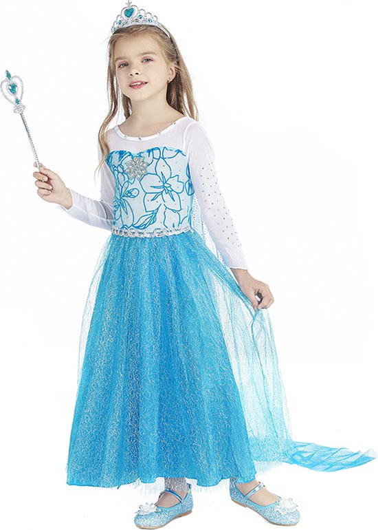 Prinsessenjurk - Maat 98/104 - Luxe Verkleedjurk - Verkleedkleren Meisje - Prinsessen Verkleedjurk - Carnavalskleding Kinderen - Blauw - Cadeau Meisje - Elsa jurk