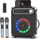 Karaoke machine met twee draadloze microfoons - draagbare Bluetooth-luidspreker met aanpassing van bas/treble - met afstandsbediening en led-verlichting
