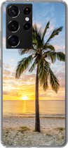 Geschikt voor Samsung Galaxy S21 Ultra hoesje - Strand - Palmboom - Zonsondergang - Siliconen Telefoonhoesje