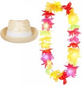 Carnaval verkleed set - Tropische Hawaii party - Ibiza strohoedje - en bloemenkrans met LED lichtjes - voor volwassenen