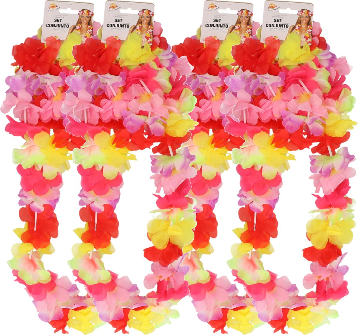 Guirca Hawaii krans/slinger set - 4x - Tropische/zomerse kleuren mix - Hoofd/polsen/hals slingers