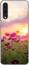 Geschikt voor Samsung Galaxy A50 hoesje - Zonsondergang - Bloemen - Roze - Natuur - Groen - Siliconen Telefoonhoesje