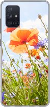Geschikt voor Samsung Galaxy A51 hoesje - Bloemen - Klaproos - Lente - Natuur - Rood - Blauw - Siliconen Telefoonhoesje